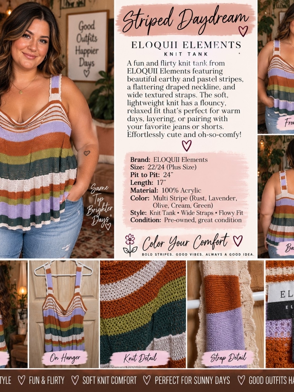 Eloquii Elements Multi-Stripe Knit Tank — Lavender, Rust, Olive & Cream